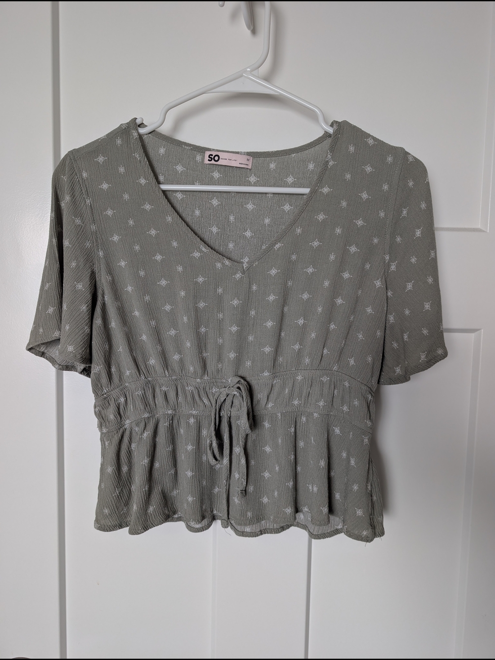 SO Sage Green V-Neck Drawstring Peplum Blouse